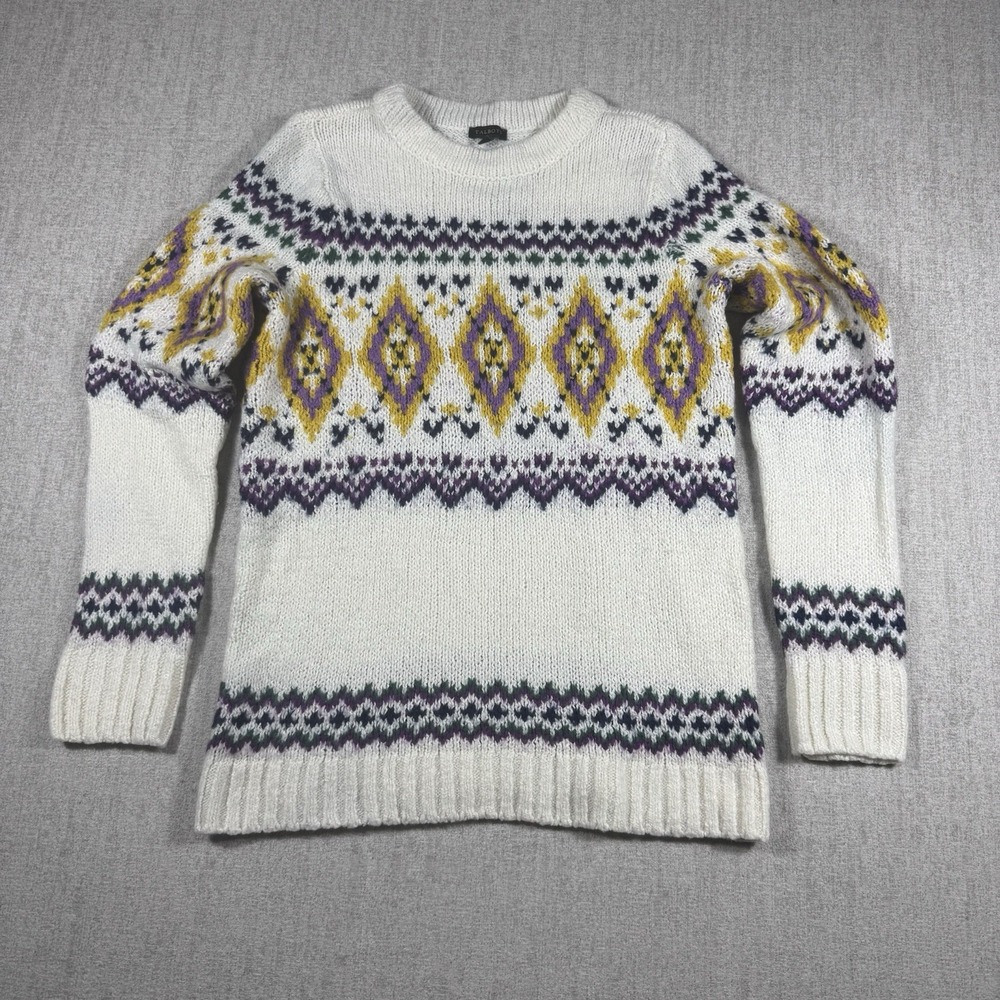 Talbots Women's Fair Isle Crewneck Sweater Ivory Purple Wool Blend Size M